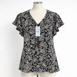 LOFT Petite M Black White Floral Blouse NWT